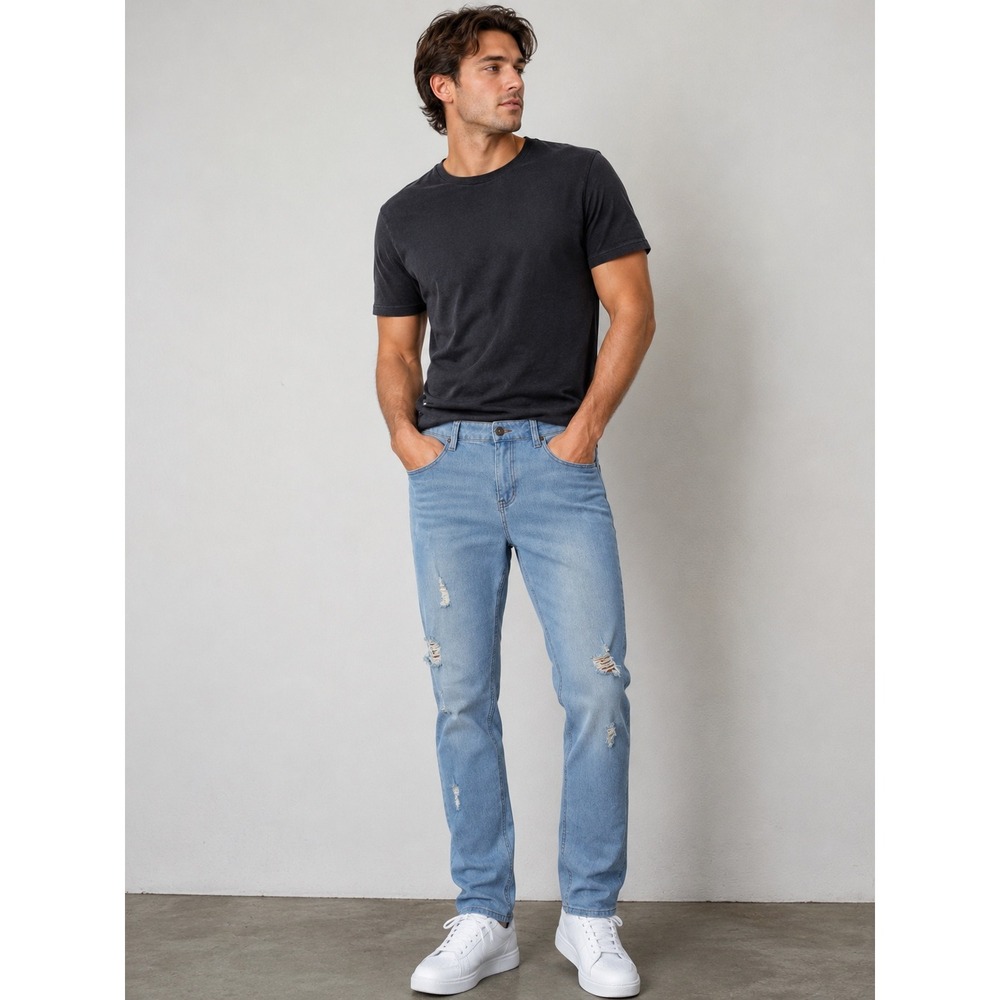 Austin + Dean Mens Light Wash Distressed Slim Fit Premium Denim Jeans 34x32